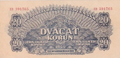 Czechoslovakia 20 Korun 1944 XF+ aUNC NOT Perforated - Image 1 of 2