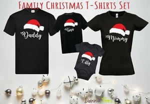 Christmas Santa Hat & Name, Family Matching T-shirts Set Kids Men Women Children - Picture 1 of 42