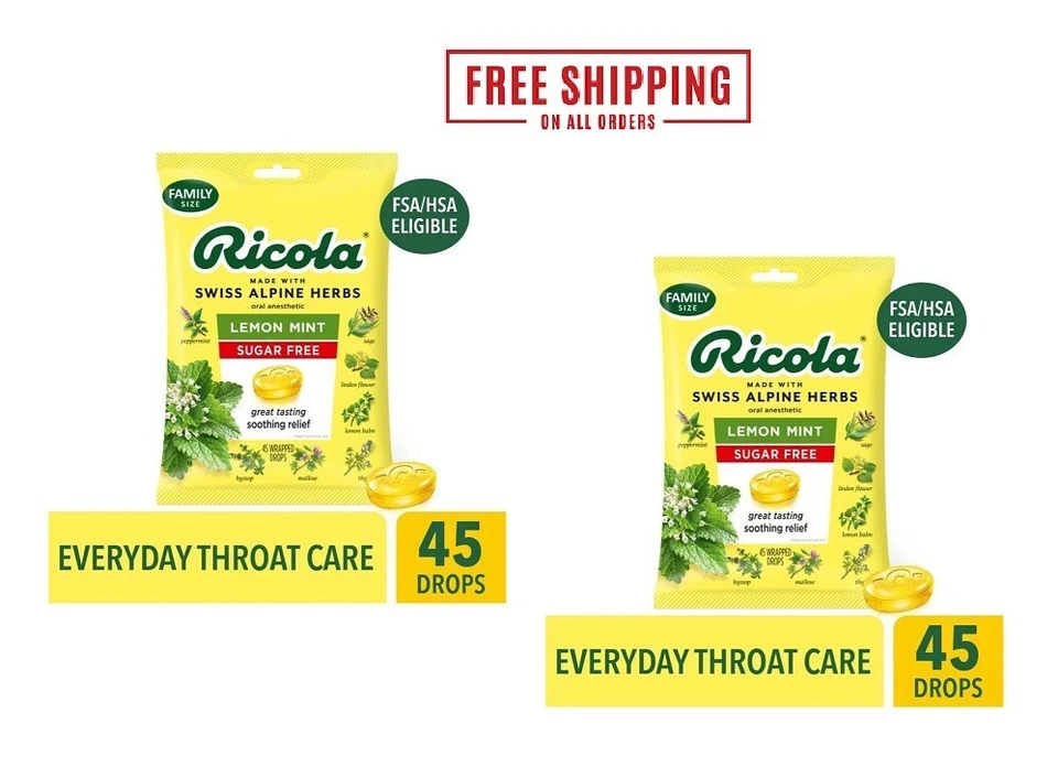Ricola Sugar Lemon MINT Herb Throat Drops 45ct