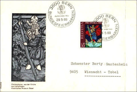 1985 Switzerland 1969 Pro Patria Art FDC Religious Stained Glass Christophorus Cover