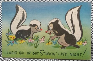 Skunk Went & Got Stinkin Last Night Funny Comic Artist Linen Vintage Postcard - Picture 1 of 2