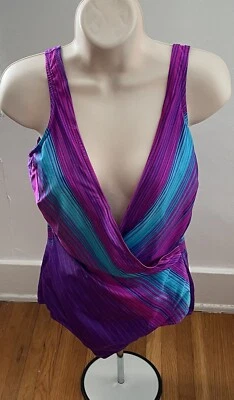 Vintage Maxine of Hollywood Swimsuit Blue Purple Pink Size M One Piece Striped - Image 1 of 4
