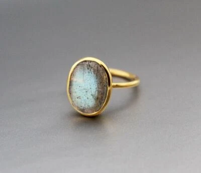 Labradorite Anello Oro, Febraio Pietra Zodiacale, Blu Flash Pietra, 925 Argento - Immagine 1 di 4