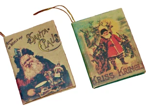Lote 2 ADORNOS DE LIBRO DE NAVIDAD MINIATURA ~ALREDEDOR DEL MUNDO SANTA & KRISS KRINGLE - Imagen 1 de 7