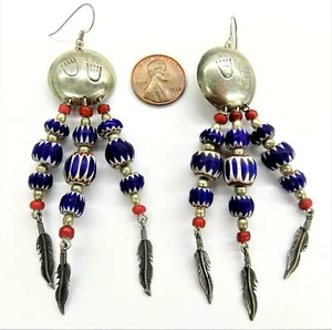 Antique Chevron Trade Bead Native Bear Earrings Silver Feathers W5 777a - Picture 1 of 6