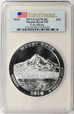 2010 Mount Hood NP ATB 5 oz Silver Quarter 25c PCGS Gem BU First Strike - Image 1 of 4