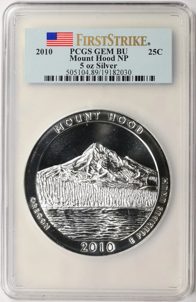 2010 Mount Hood NP ATB 5 oz Silver Quarter 25c PCGS Gem BU First Strike - Image 1 of 4