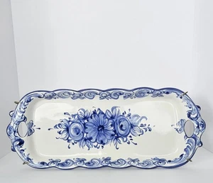 Blau & weiß Blumen portugiesische Keramik handbemalt Tablett & Wandteller. Signiert. - Bild 1 von 18