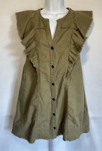 Pilcro V-Neck Ruffle Denim Mini Dress Army-Green Size XSP Frayed Edges - Picture 1 of 7
