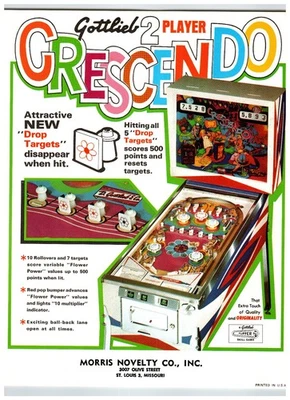 Máquina de pinball Gottlieb Crescendo para 2 jugadores volante vintage años 70 mod arte maravilloso Foto 1 de 2