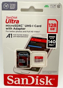 MicroSD Sandisk Ultra 128 Go avec adaptateur SD A1 140 Mo/s vidéo Full HD neuf scellé - Photo 1 sur 2