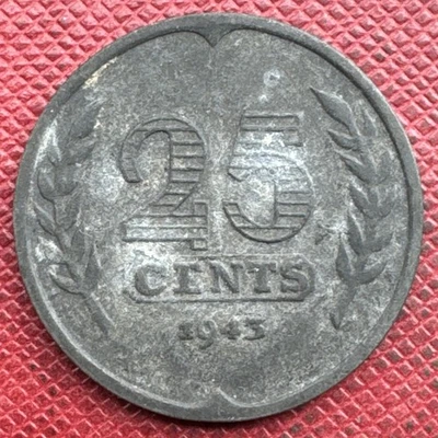 Netherlands 1943 Zinc 25 Cents. WWII Era. German Occupation. KM# 174 - Image 1 of 2