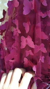 Burgundy Lace 3d Satin Butterflies Embroidered on Mesh Bridal Fabric Sold by Yrd - Picture 1 of 1