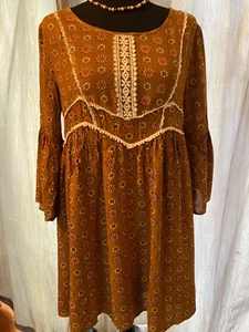 Womens Entro Sz S boho goldish rust dress/tunic blouse with flowers - Picture 1 of 9