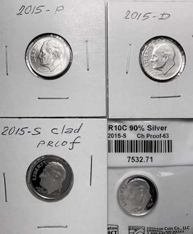2015 Roosevelt Dime. Set 4 Coins. Mint P & D Unc. Mint S proof & silver proof Cover