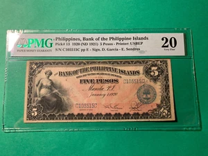 1920 5 PESO BANK OF THE PHILIPPINES ISLANDS C105515C P-13 PMG VF 20 - Picture 1 of 2