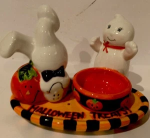 Vassoio portacandele Halloween fantasma e zucca in ceramica e figura set 3 pezzi - Foto 1 di 6