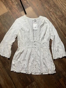 Soft Surroundings Womens XS White Lace Top 3/4 Sleeve Boho Tunic - Picture 1 of 6