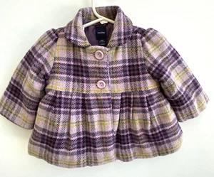 BABY GAP Purple Plaid Wool Coat Bow Accent Pleats Lined Size 6-12 months - Picture 1 of 4