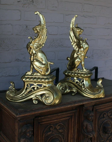 PAIR antique bronze fireplace andirons dragon chimaera figurine statue Cover