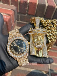 Iced Band Luxury Bling Gold Plate Metal Simulated Diamond Watch, Jesus Chain - Picture 1 of 14