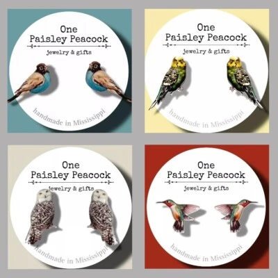 PENDIENTES PÁJARO TU ELECCIÓN TACHUELAS-COLGANTES-BÚHO-Uno Paisley Pavo Real Foto 1 de 4