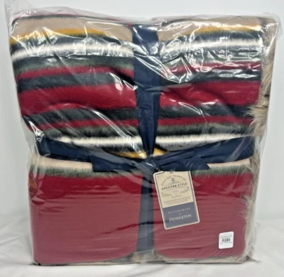 Pottery Barn Pendleton Red Yakima Faux Fur Back Stripe 60 x 80 Throw American - Image 1 of 4