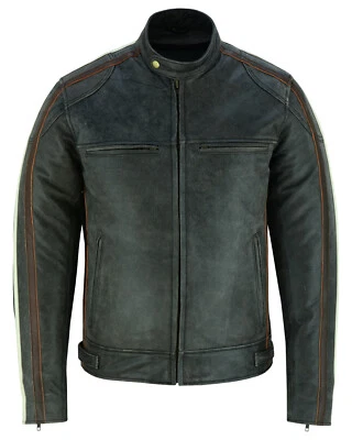 Classic Mens British Motorcycle Leather Jacket Biker Brown Creme Stripe Stonewas - Image 1 of 4