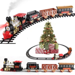 Kids Big Electric Christmas Train Set Toy Gift Under Tree With Light Sound Smoke - Picture 1 of 23