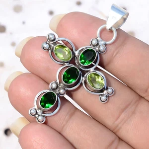 Faceted Diopside, Peridot Cut Gemstone Jewelry Cross 925 Sterling Silver Pendant - Picture 1 of 8