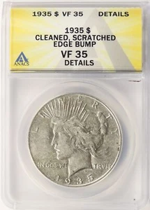 1935 $1 Peace Dollar ANACS VF35 Details Cleaned Scratched Edge Bump - Picture 1 of 4