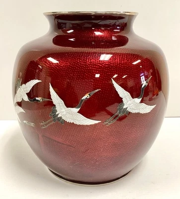 Large Antique Japanese Cloisonné Blood Red Ginbari Enamel Flying Cranes Vase - Image 1 of 4