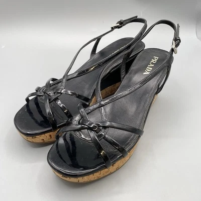 PRADA Black Patent Leather Cork Wedge Sandals Heels Size EU 38.5 US 8 Platform - Image 1 of 4