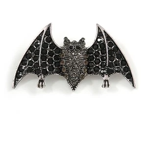 Crystal Bat Brooch In Aged Gold Tone Metal/ Black/ Grey - 60mm Across - Picture 1 of 4