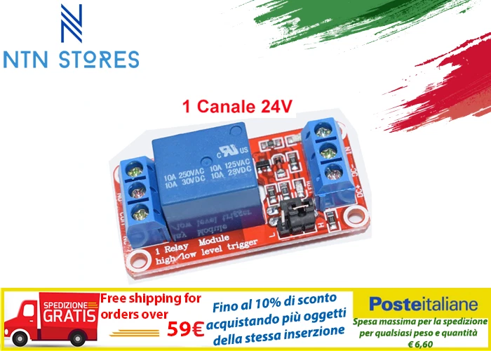 Relè relay modulo 24V 10A 1 canale shield morsettiera arduino compatibile - Immagine 1 di 1
