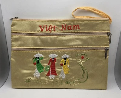 Bolso sin asas vintage de Vietnam bolsa con cremallera bolso de maquillaje de seda rosa 3 secciones Foto 1 de 4