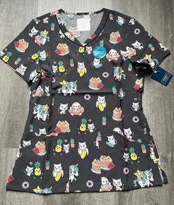 NWT Women’s Small Cherokee Cat & Unicorn Print Scrub Top - Picture 1 of 1