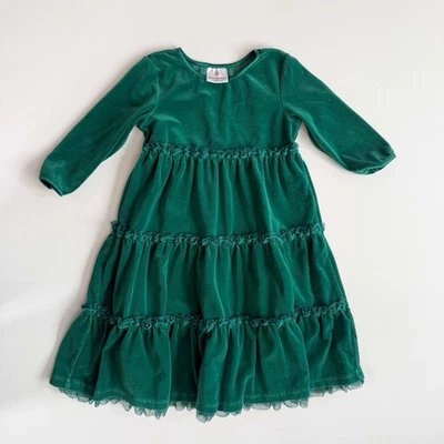 Hanna Andersson Velvet Love 2 Twirl Tiered Green Holiday Christmas Dress 120 6-7 - Image 1 of 4