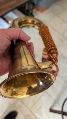 Vintage Brass Cavalry Bugle w/ Braided Parade Cord – Red/Yellow/Black Tassels - Image 1 of 4