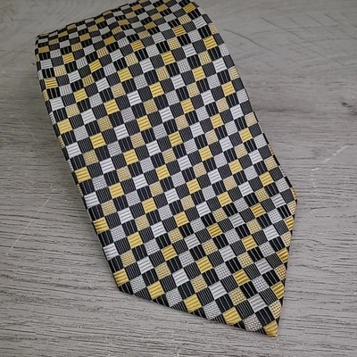Enrico Fertuchie Mens Tie Necktie Geometric Squares Polyester Yellow Black VGC - Image 1 of 4