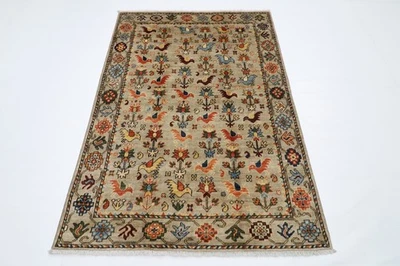 4x6 ft Birds Gray Area Rug Afghan Traditional Hand Knotted Wool oriental Rug - Image 1 of 4