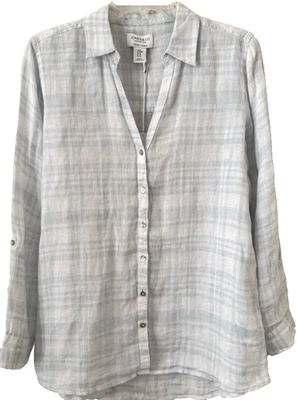 NWT Jones Women's MEDIUM 100% LINEN Blue Plaid, Long Sleeve Roll Tabs Resort - Image 1 of 4
