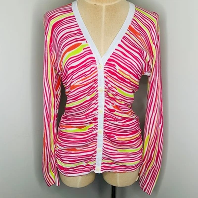 Cardigã suéter Lafayette 148 estampa animal médio botão colorido linho franzido - Imagem 1 de 4