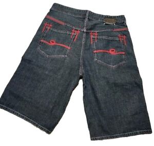 Ecko Unlimited Skater Vintage Baggy Jean Shorts Black Red Embroidery 36.