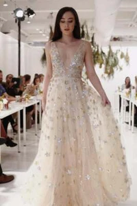Tela de tul de lentejuelas con lentejuelas de estrella floral de encaje de albaricoque vendido por yarda hágalo usted mismo moda vestido de graduación - Imagen 1 de 12