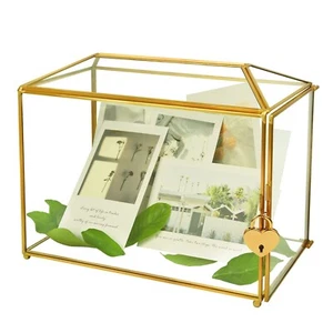 Gold Wedding Glass Card Box with Lock and Slot - Wedding Envelope Card Holder... - Picture 1 of 9