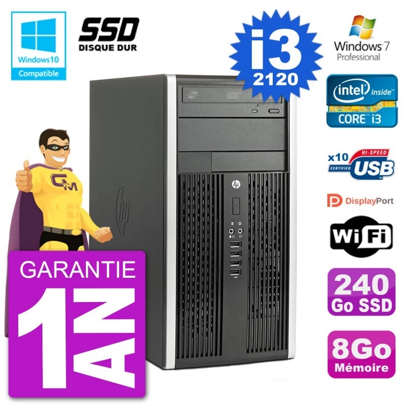 PC HP 6300 MT Intel Core I3-2120 RAM 8Go SSD 240Go Graveur DVD Wifi W7 - Photo 1/1