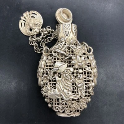 Botella de tabaco hecha a mano con patrón de dragón de plata pura china colección antigua 22 Foto 1 de 4