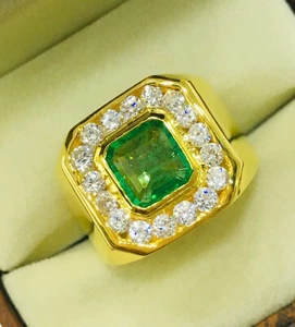 Simulierte Smaragd Edelstein Mit Vergoldet 925 Sterlingsilber Herren Ring #J775 - Bild 1 von 11