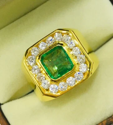 Simulierte Smaragd Edelstein Mit Vergoldet 925 Sterlingsilber Herren Ring #J775 - Bild 1 von 4